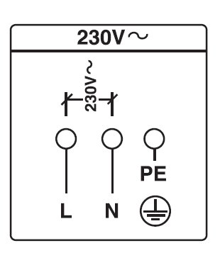 Elanslutningsschema för enfasig inbyggnadsugn med beteckningar för fas (L), nolla (N) och jord (PE).