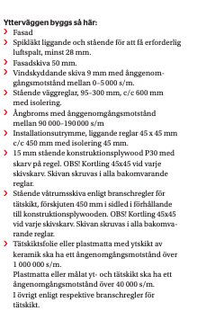 Teknisk instruktionstext om byggnadskonstruktion med punktlista för ytterväggskonstruktion och isolering.