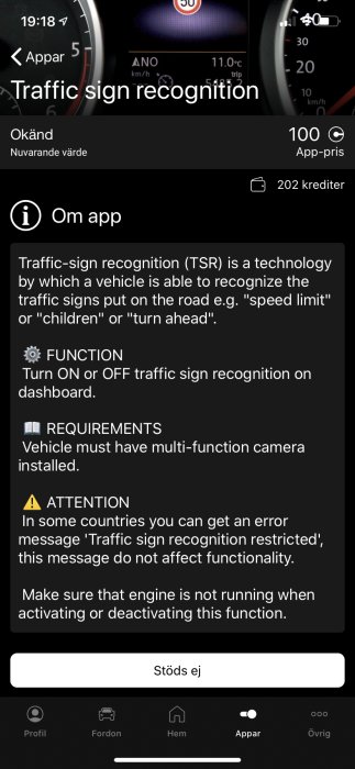 Skärmdump av en bilapplikation för trafikskyltigenkänning med beskrivning av funktionen.