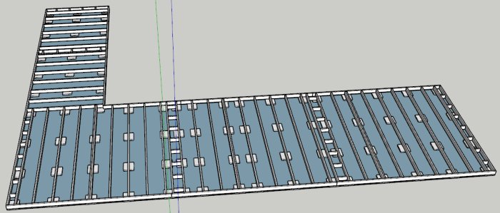 3D-modell av fundament med färre plattor och ökat avstånd till cirka 120cm mellan dem.