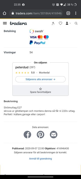 Skärmdump från Tradera visar en annons för ett E27 strömuttag med beskrivning och säljarinformation.