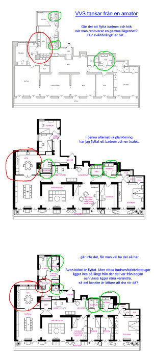 Ritningar som visar tre planlösningar för en lägenhet med omplacerade badrum och kök markerade med rött och grönt.