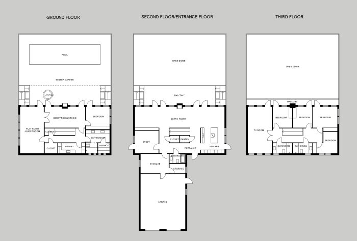 Planritningar i svartvitt över tre våningar i ett hus med vinterträdgård, rum och pool.