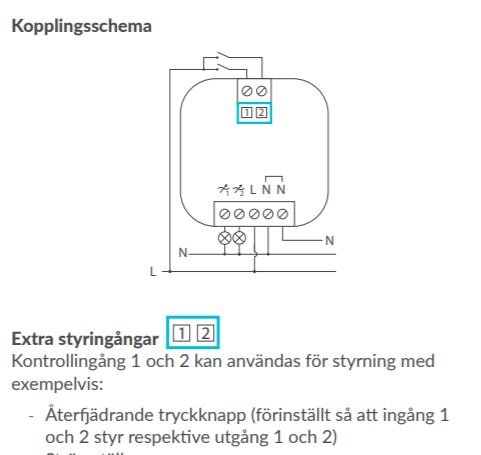 Kopplingsschema som visar terminalerna L, N och extra styringångar 1 & 2 för belysningsstyrning.