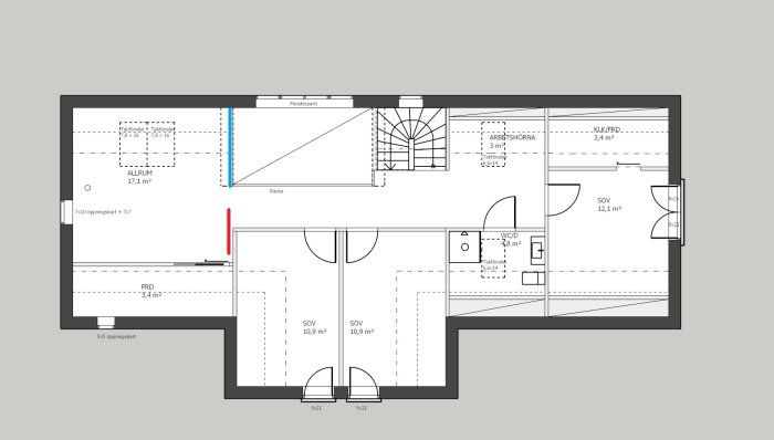 Ritning av ett hus med planlösning inkluderande kök, sovrum, arbetsrum och badrum, markeringar i färg.