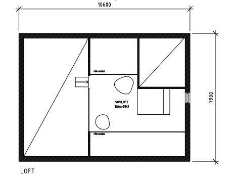 Planritning av ett 73 kvm stort fritidshus med loft, visar rumsindelning och möblemang.