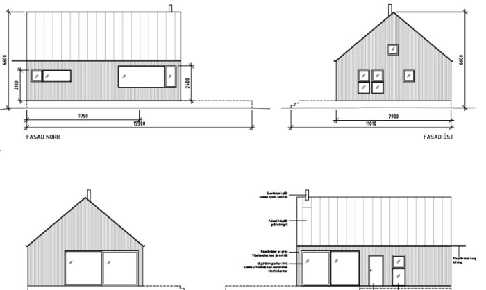 Ritningar över norr- och östfasaderna för en 73kvm stor fritidshus med loft.