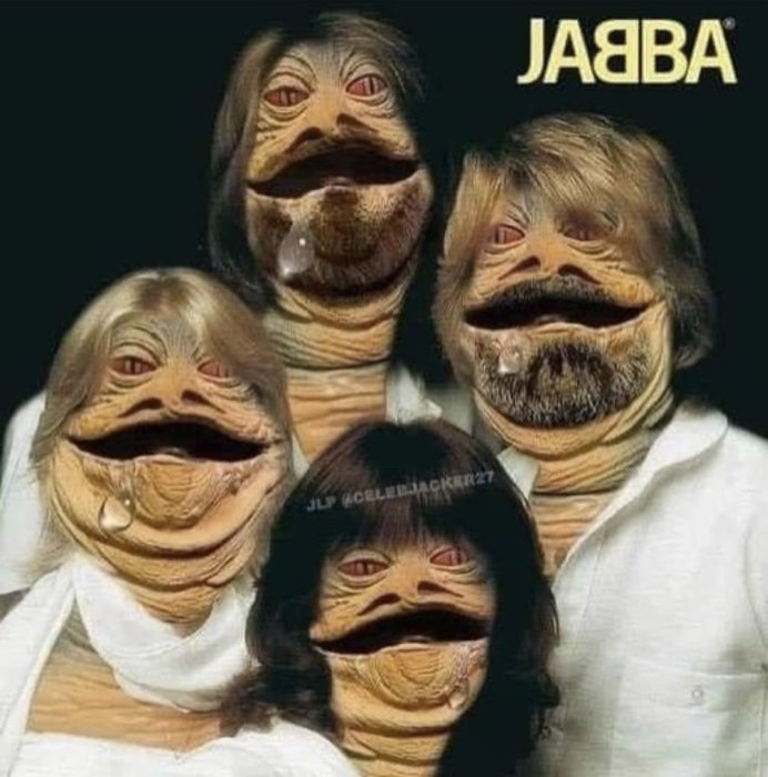 Fyra personer med ansikten förvrängda för att likna Jabba the Hutt från Star Wars, logo med texten "JABVA" överst.