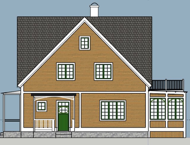 Illustration av ett traditionellt hus med jugend-element, veranda och detaljerad fasad.