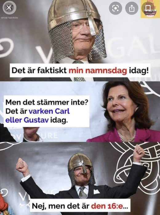 Människor med riddarhjälmar och text om en namnsdag.