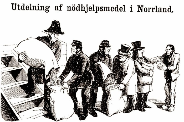 Illustration av nödhjälpsutdelning i Norrland 1800-talet med personer som tar emot säckar.