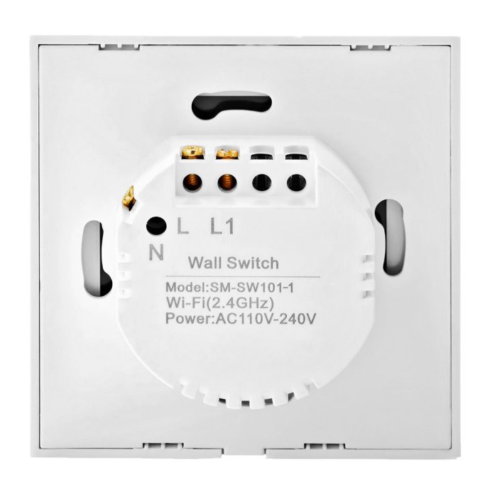 Väggströmbrytare Modell SM-SW101-1 med anslutningsterminaler och Wi-Fi kapacitet.