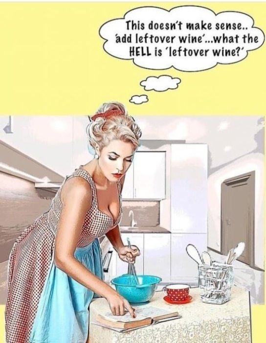 Kvinna i retrokläder förbereder mat och läser receptbok, tänker kritiskt om "leftover wine".