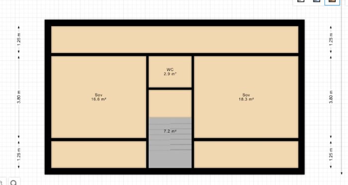 Ritning av en våningsplan med mått 7.2x12m, sovrum, WC och förslag på öppen planlösning.