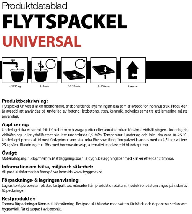 Produktinformationsblad för Flytspackel Universal med anvisningar för blandning, applicering och lagring.