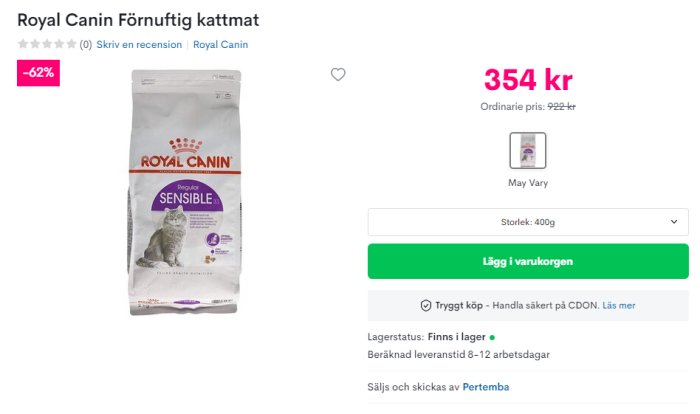 Skärmdump av produkt på CDONs hemsida med Royal Canin kattmat och priset 354 kr, nedsatt från 922 kr.