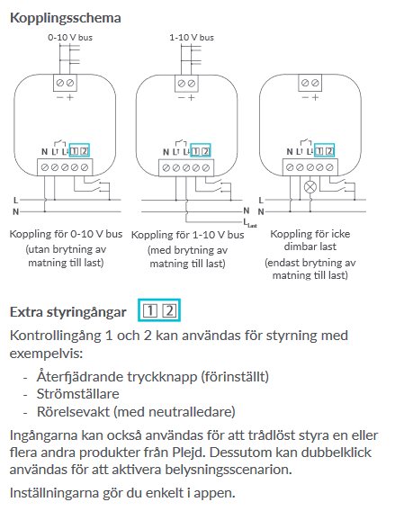 Kopplingsschema för 0-10 V bus och koppling för 1-10 V bus med exempel på extra styrningar för belysning.