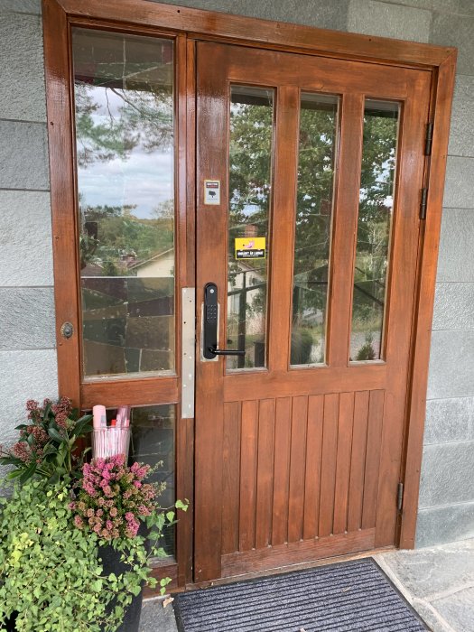 Träytterdörr med sidoljus och färgat glas i teak mot en skifferklädd fasad, omgiven av gröna växter.