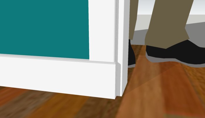3D-illustration av ett golv med synligt glapp vid vägg, listverk och en person i bakgrunden.