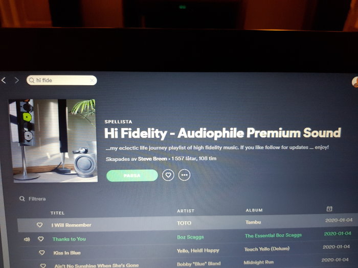 Skärmdump av Spotify spellista "Hi Fidelity - Audiophile Premium Sound" med låtlistning.