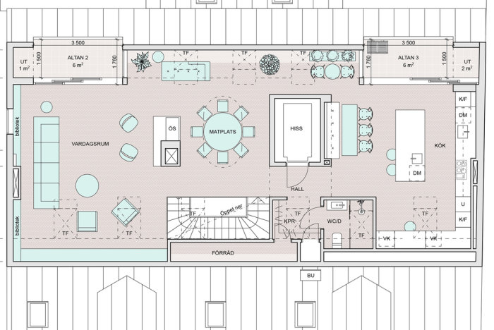 Arkitektritning av en lägenhet med vardagsrum, kök, matplats, balkonger och hiss.