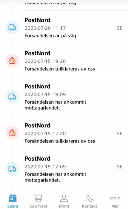 Spårningsskärm från PostNord som visar att en försändelse felaktigt tullklareras två gånger samma dag.