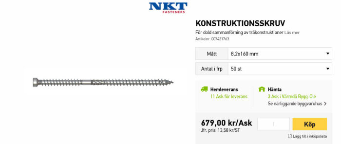 Lång konstruktionsskruv som visas isolerat avsedd för träkonstruktioner, potentiellt för skråskruvning i golvbjälkar.