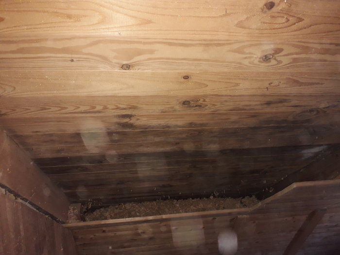 Renoverat tak med borttagen vägg till kattvind, exponerade takstolar och kutterspån på golvet.