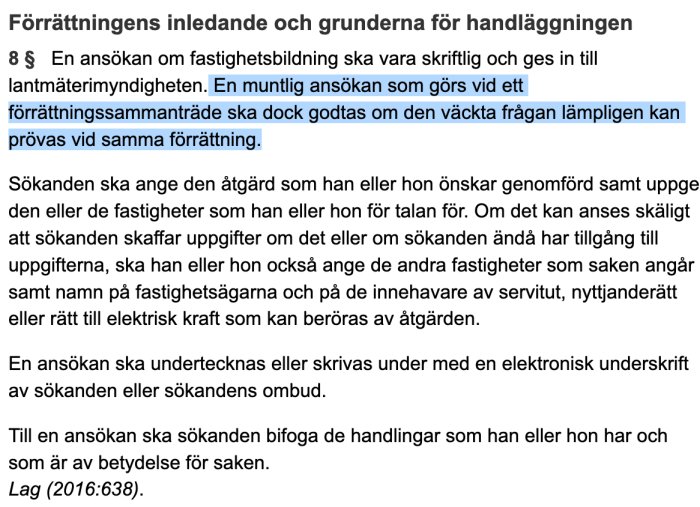 Textutdrag från lag om förrättningsprocess inklusive paragraf 8 om ansökan och inledande och grunder för handläggningen.