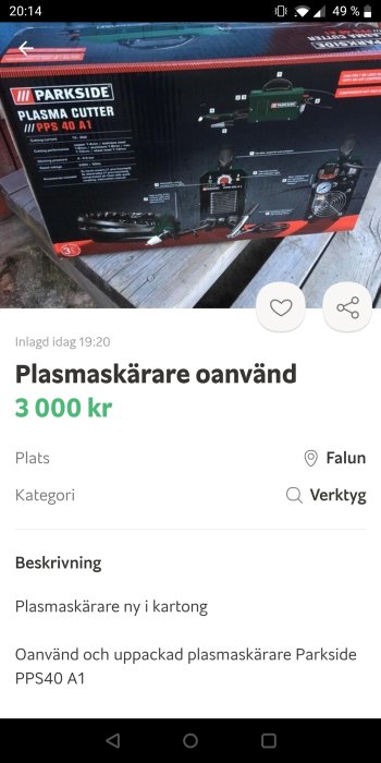 Oanvänd Parkside plasmaskärare i förpackning till salu för 3000 kr.
