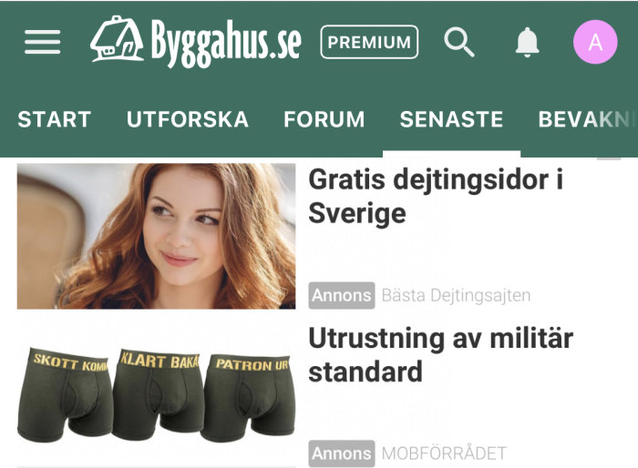 Skärmklipp från Byggahus.se med reklam för dejtingsidor och militär utrustning.