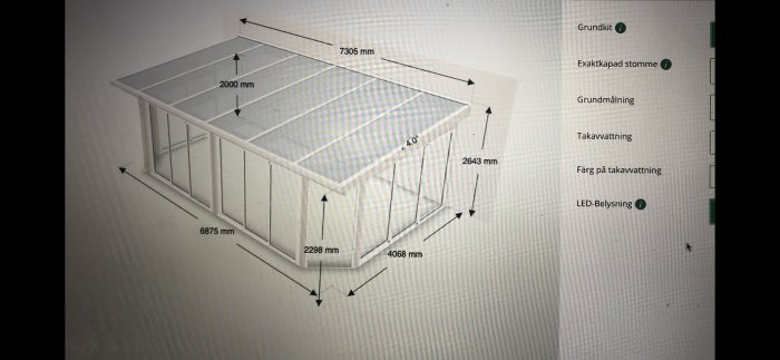 Rendering av ett planerat uterum med dimensioner, inklusive en lista över funktioner som grundkit och LED-belysning.