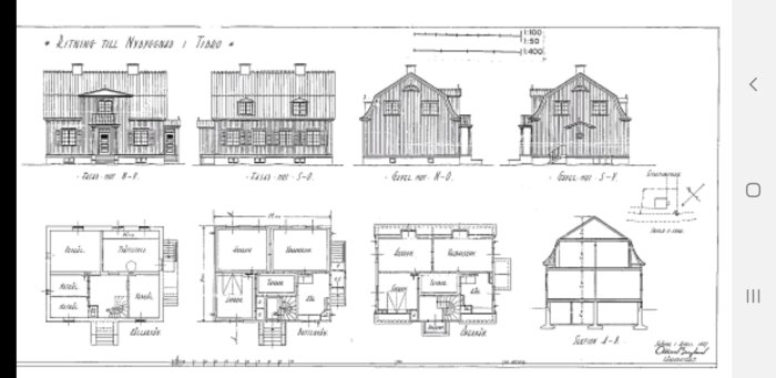 Gammal arkitektritning av ett 1¾-planshus med källare och detaljerade planlösningar.