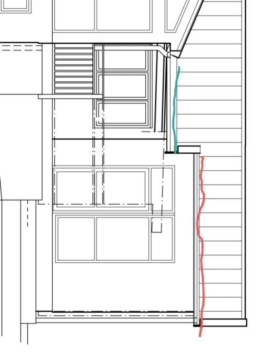 Arkitektonisk ritning med två hängrännor markerade i rött och grönt för anslutningsförslag.