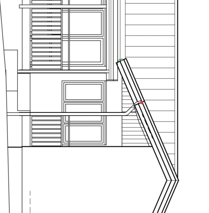 Linjeteckning av ett hörn av ett hus med röd- och grönmarkerade hängrännor som ska anslutas.