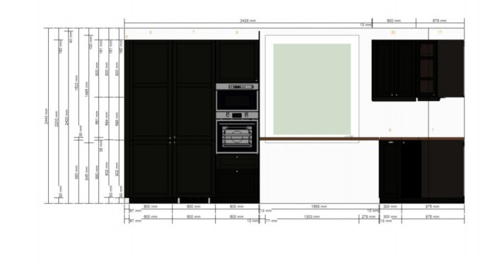 Skiss av kökslayout med mått, inkluderar svarta skåp, inbyggda vitvaror, köksö och avsaknad av överskåp.