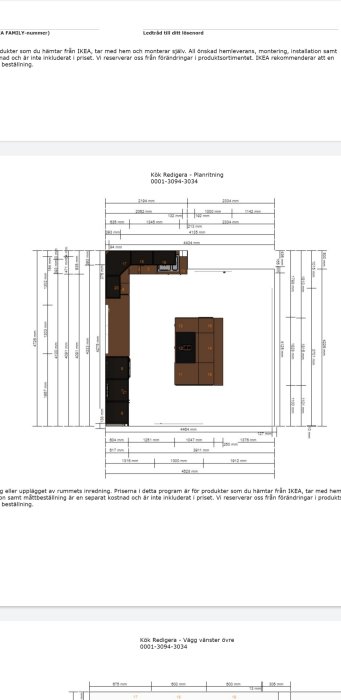 Planritning av ett köksdesignförslag med utmärkta mått och placering av vitvaror, skåp och köksö.