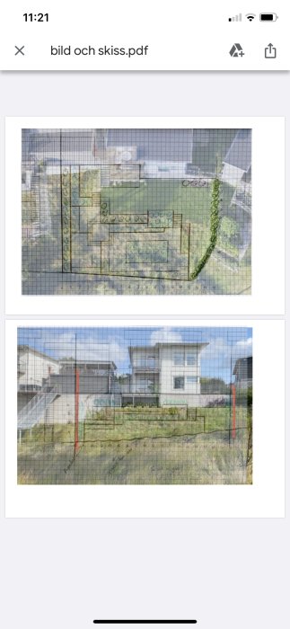 Skiss och fotografi av en slänt med markerade planer för terrassering och stödmur vid en tomtgräns.