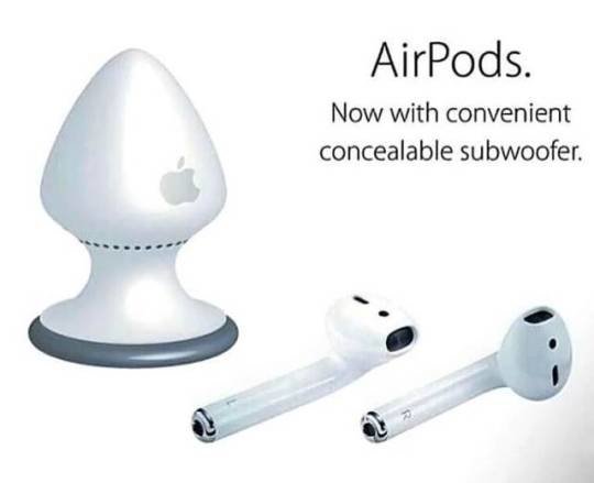 Humoristisk bild som jämför Apple AirPods med en lavalampa, skämt om en dold subwoofer.