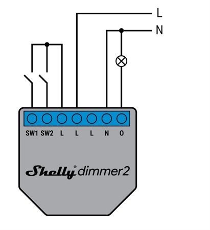 Schematisk illustration av Shelly Dimmer 2 kopplingsanvisningar med ledningar till L och N.