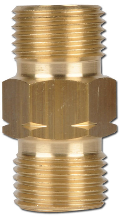 Mässingsadapter med en övre högergänga och en nedre vänstergänga.