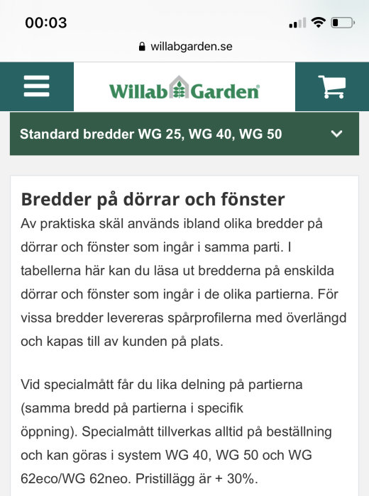 Skärmdump av diskussionsforum med text om standardbredder för dörrar och fönster på Willab Garden webbsida.