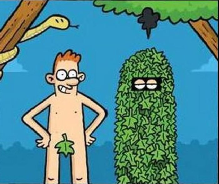 Tecknad bild av ett Adam och Eva-liknande par där figuren som representerar Eva är täckt av löv.