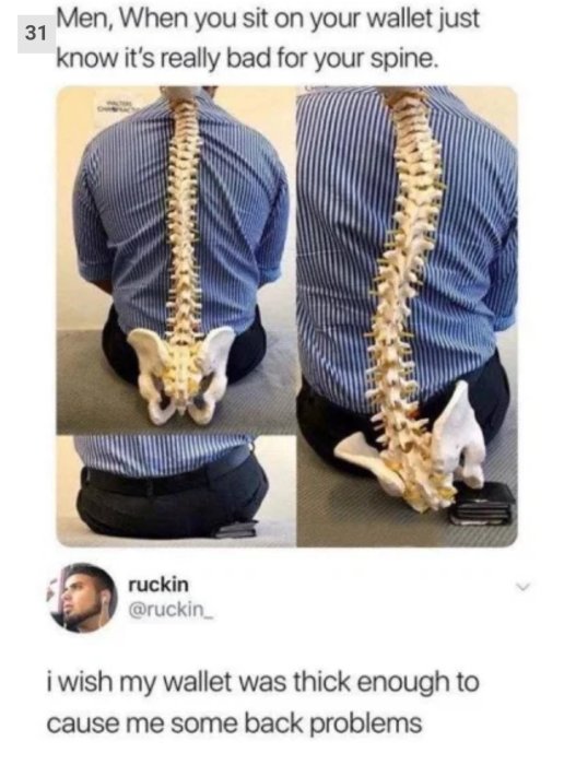 Illustration som visar hur en ryggrad blir sned när man sitter på en plånbok, med humoristisk kommentar.