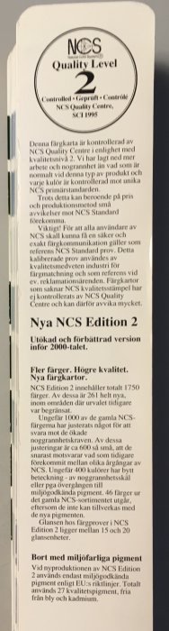 Sida av NCS referensblock som visar text om färgkartans kvalitet och miljöanpassning från 1995.