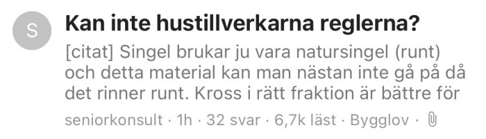 Skärmdump av ett foruminlägg om byggmaterial med titeln "Kan inte hustillverkarna reglerna?" och en textsnutt.