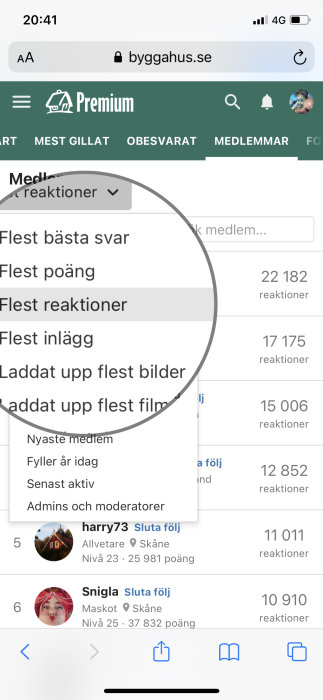 Skärmdump från diskussionsforum som visar topplistor med medlemsstatistik och reaktionsantal.