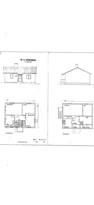 Arkitektritningar av en villa med markerad inbyggd garderob och pilindikationer för renovering.