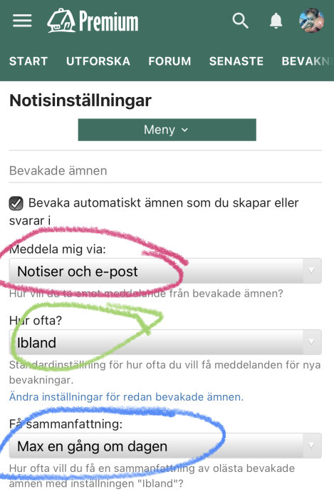 Skärmdump av notisinställningar på ett forum med markerade alternativ för meddelanden via e-post och notiser, samt frekvensen 'ibland'.