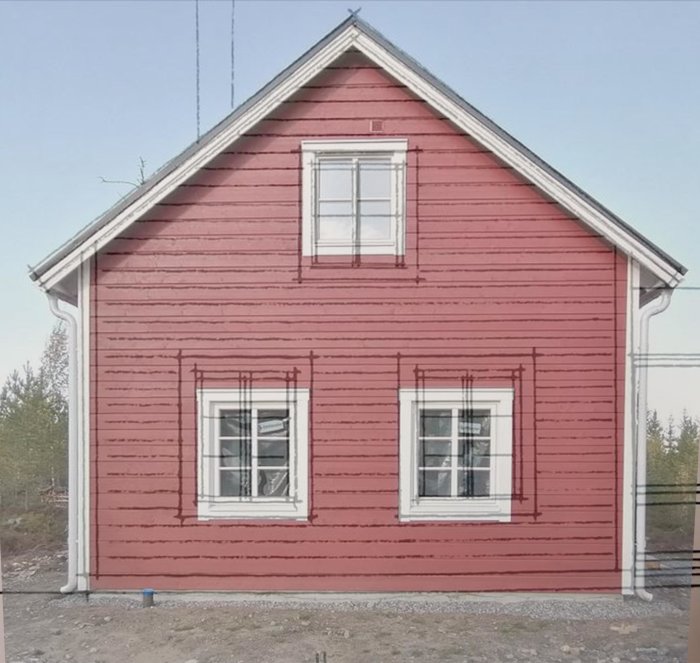 Rödmålad träfasad på hus med vita hörnlistar och tre synliga fönster i olika storlekar.